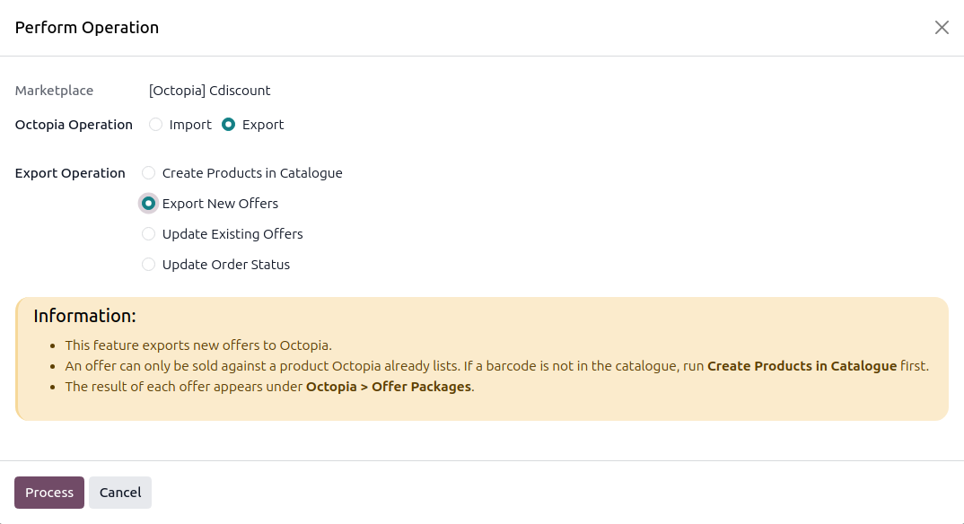 Operations wizard with Export New Offers selected