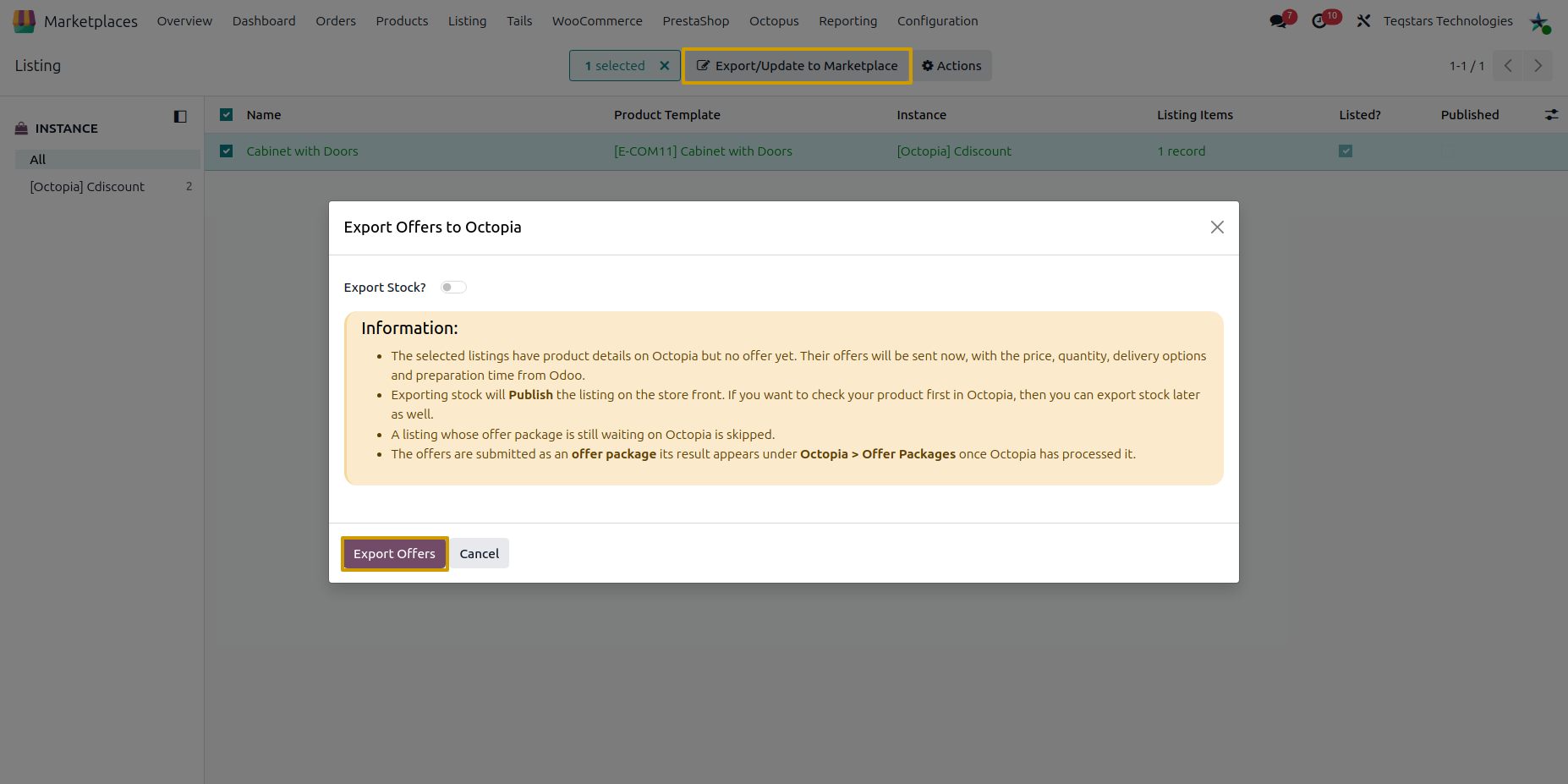 Export Offers to Octopia wizard