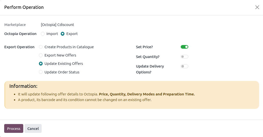 Operations wizard with Update Existing Offers and Set Price