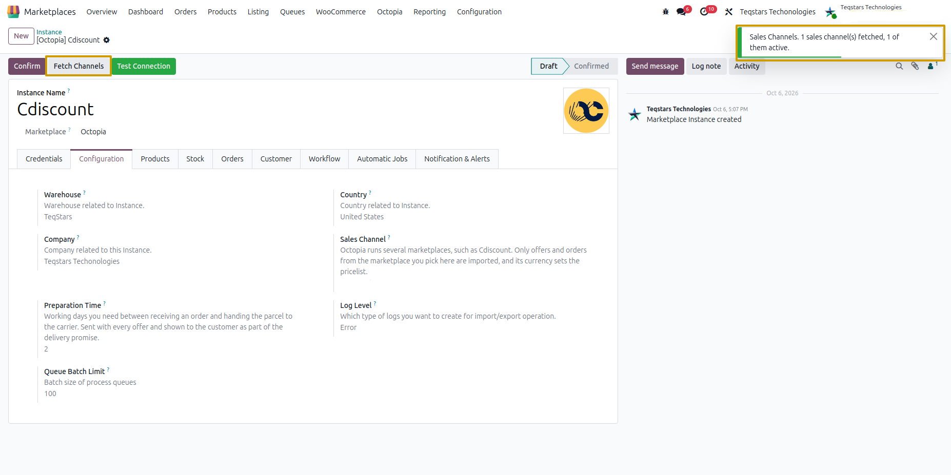 Fetch Channels button and notification
