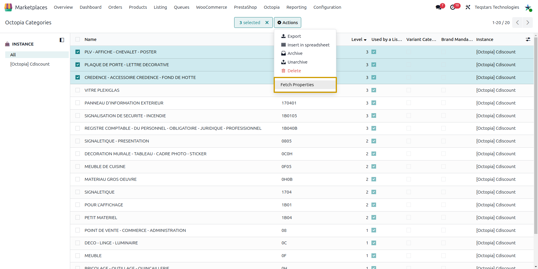Fetch Properties action on level 3 categories