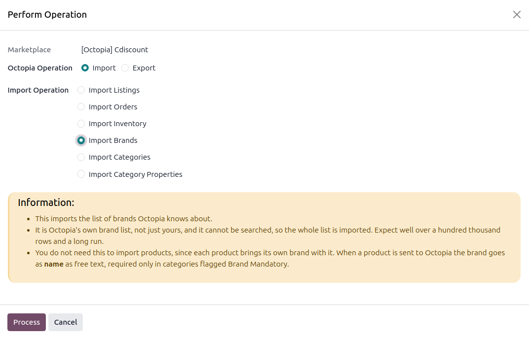 Operations wizard with Import Brands selected