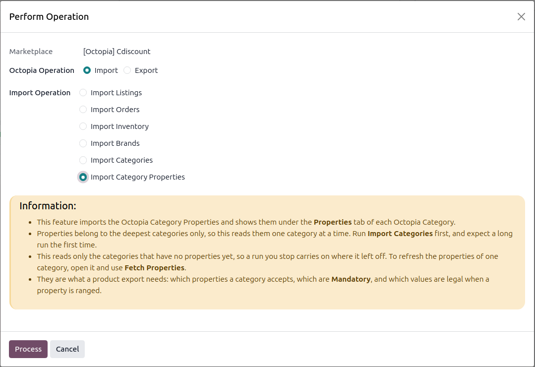 Operations wizard with Import Category Properties selected