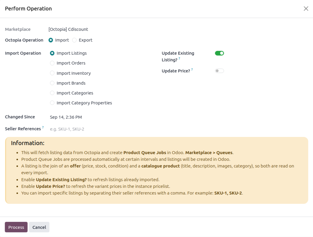 Operations wizard with Import Listings selected