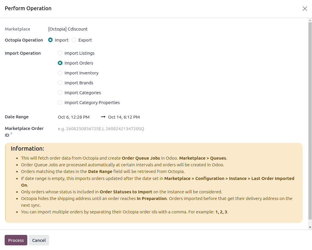 Operations wizard with Import Orders selected