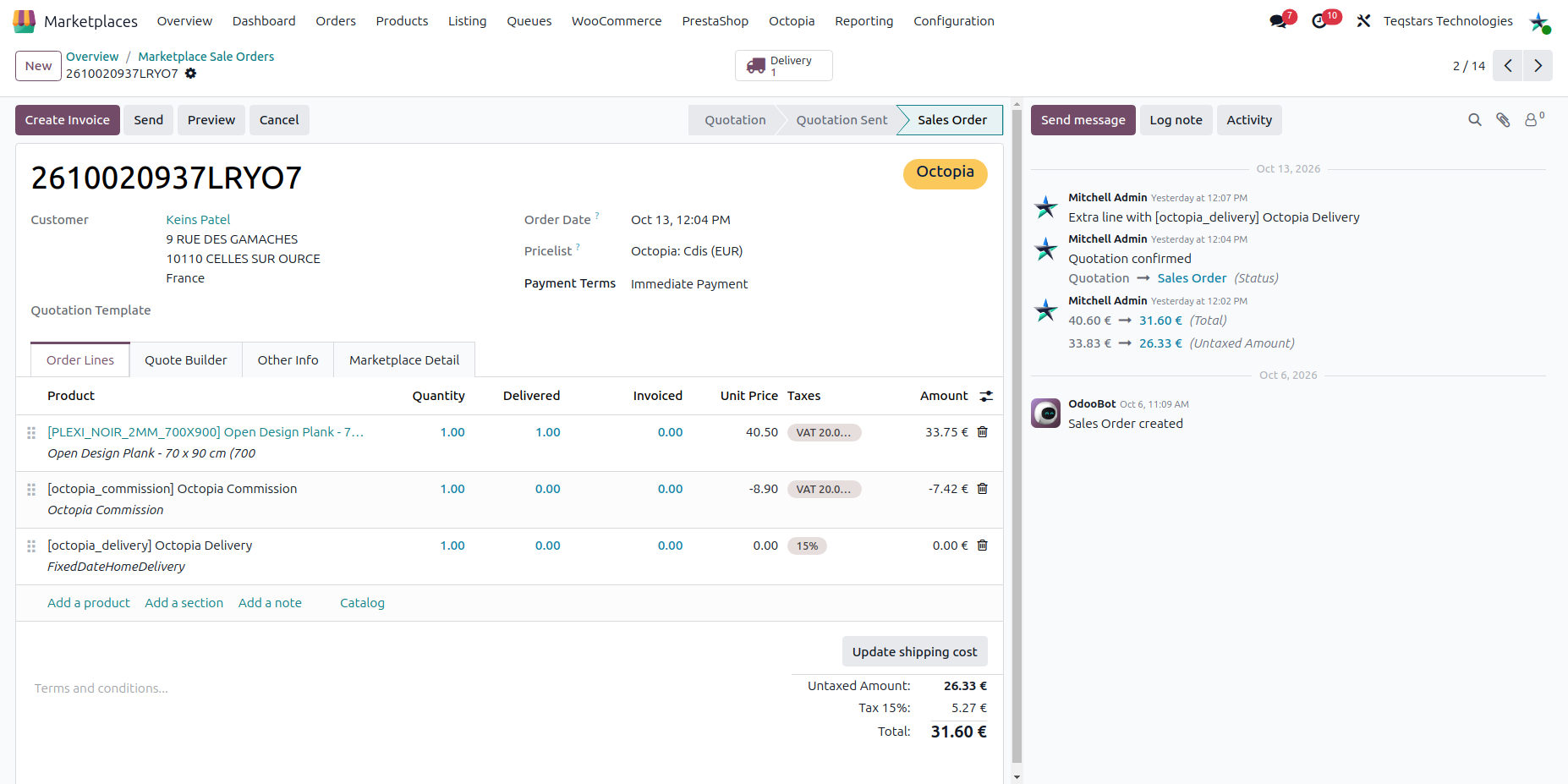 Imported Octopia order in Odoo