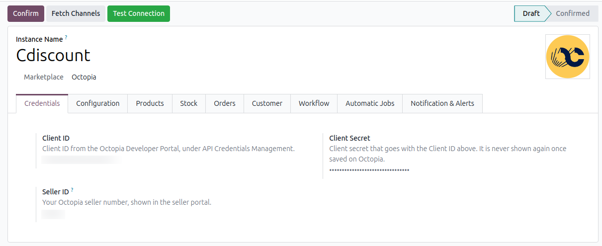 Credentials tab of the instance with Client ID, Client Secret and Seller ID