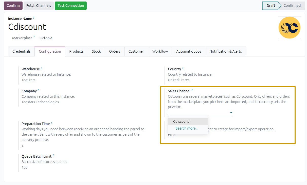 Sales Channel field of the instance