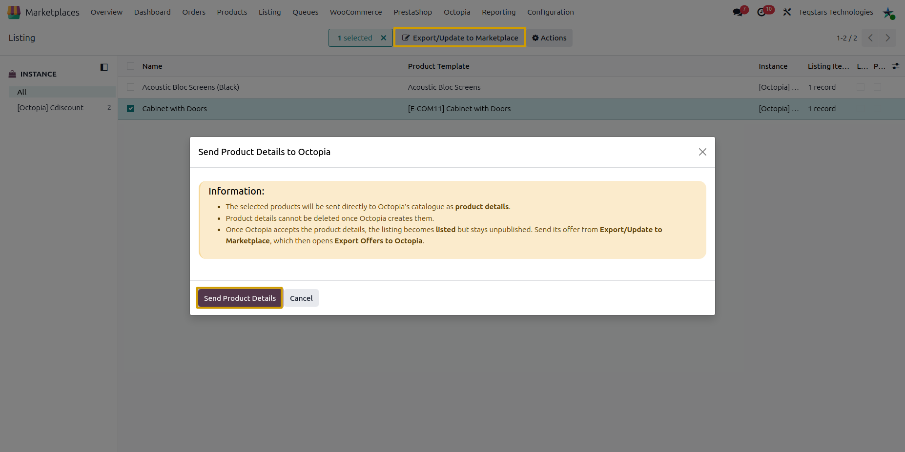 Send Product Details to Octopia wizard