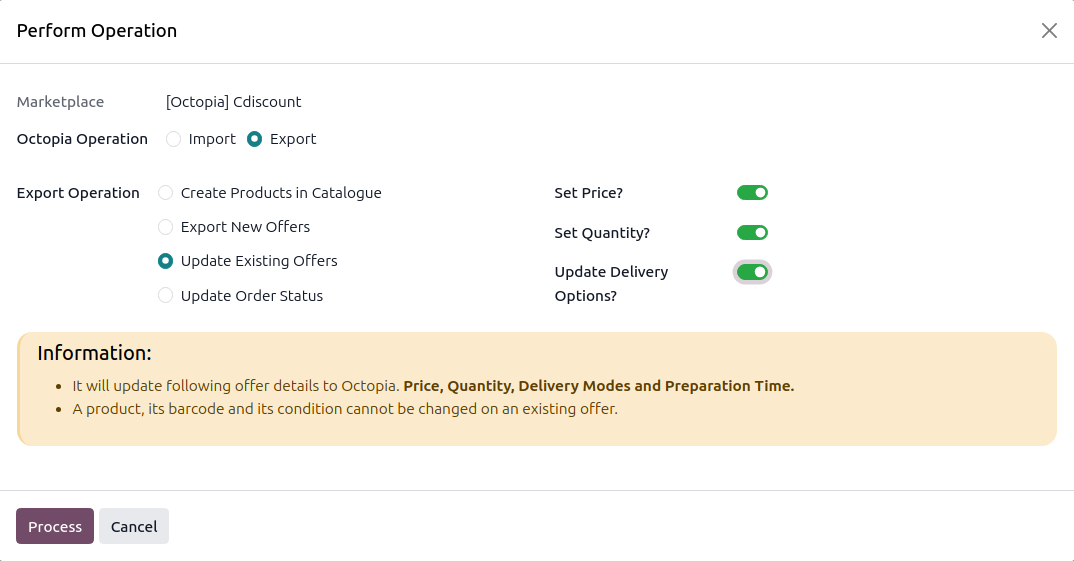 Operations wizard with Update Existing Offers selected