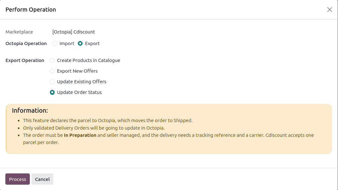 Update Order Status operation or Update in Marketplace button