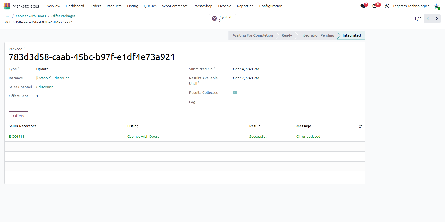 Offer package of type Update with the result of each offer