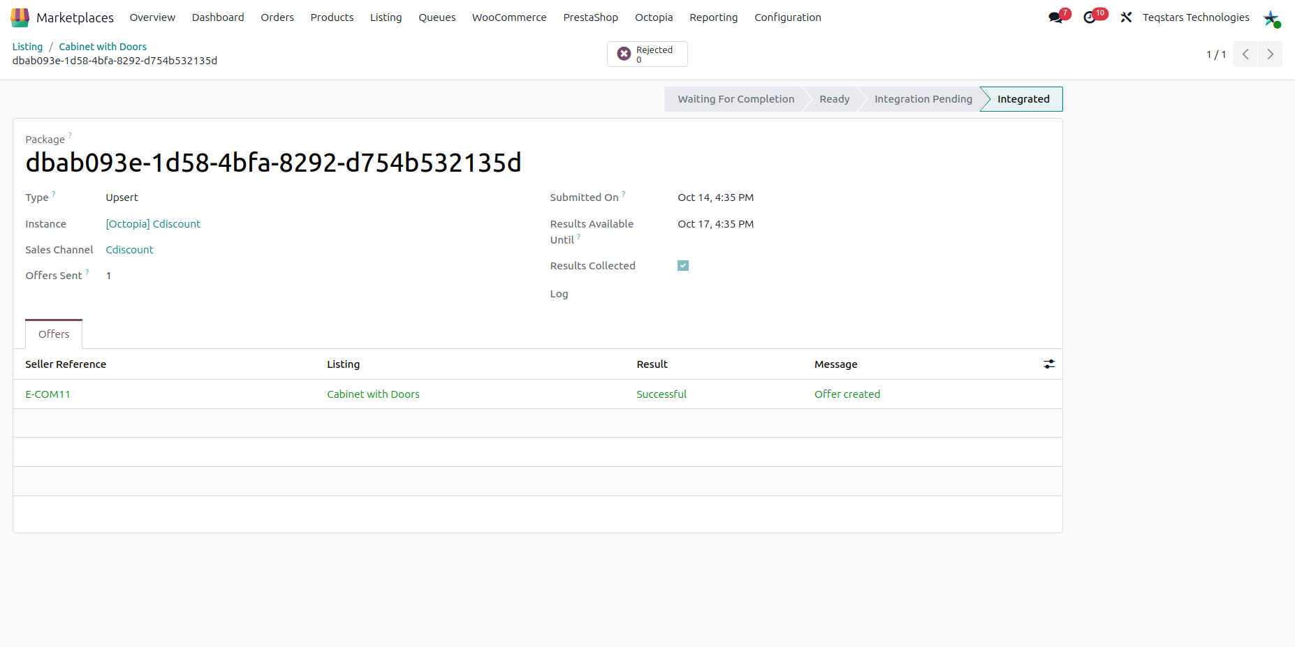 Offer package of type Upsert with the result of each offer