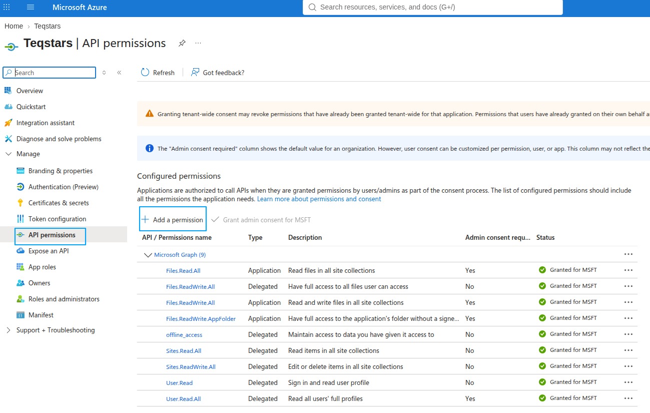 Microsoft Graph delegated permissions on the API permissions page