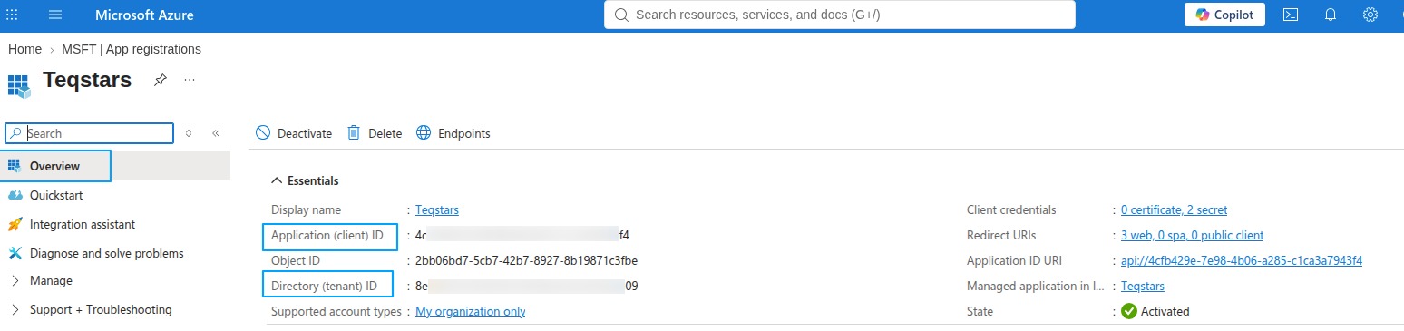 Application (client) ID and Directory (tenant) ID on the app Overview page