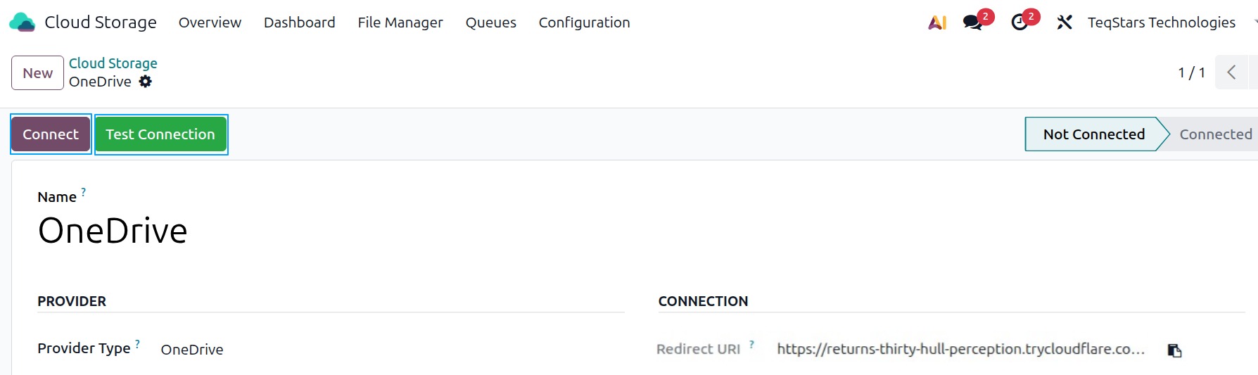 Connect and Test Connection buttons in the header of the OneDrive provider