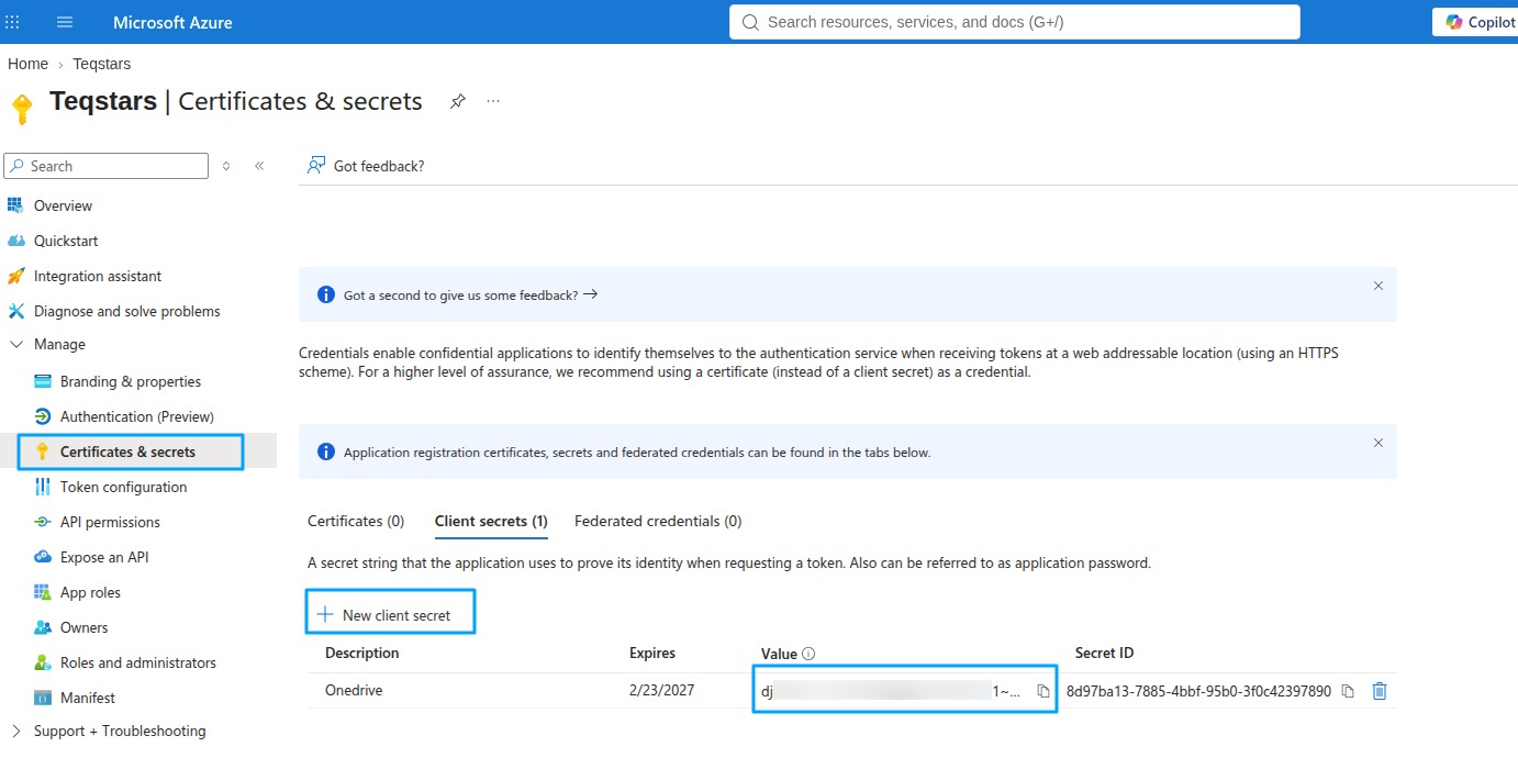Client secret Value on the Certificates & secrets page