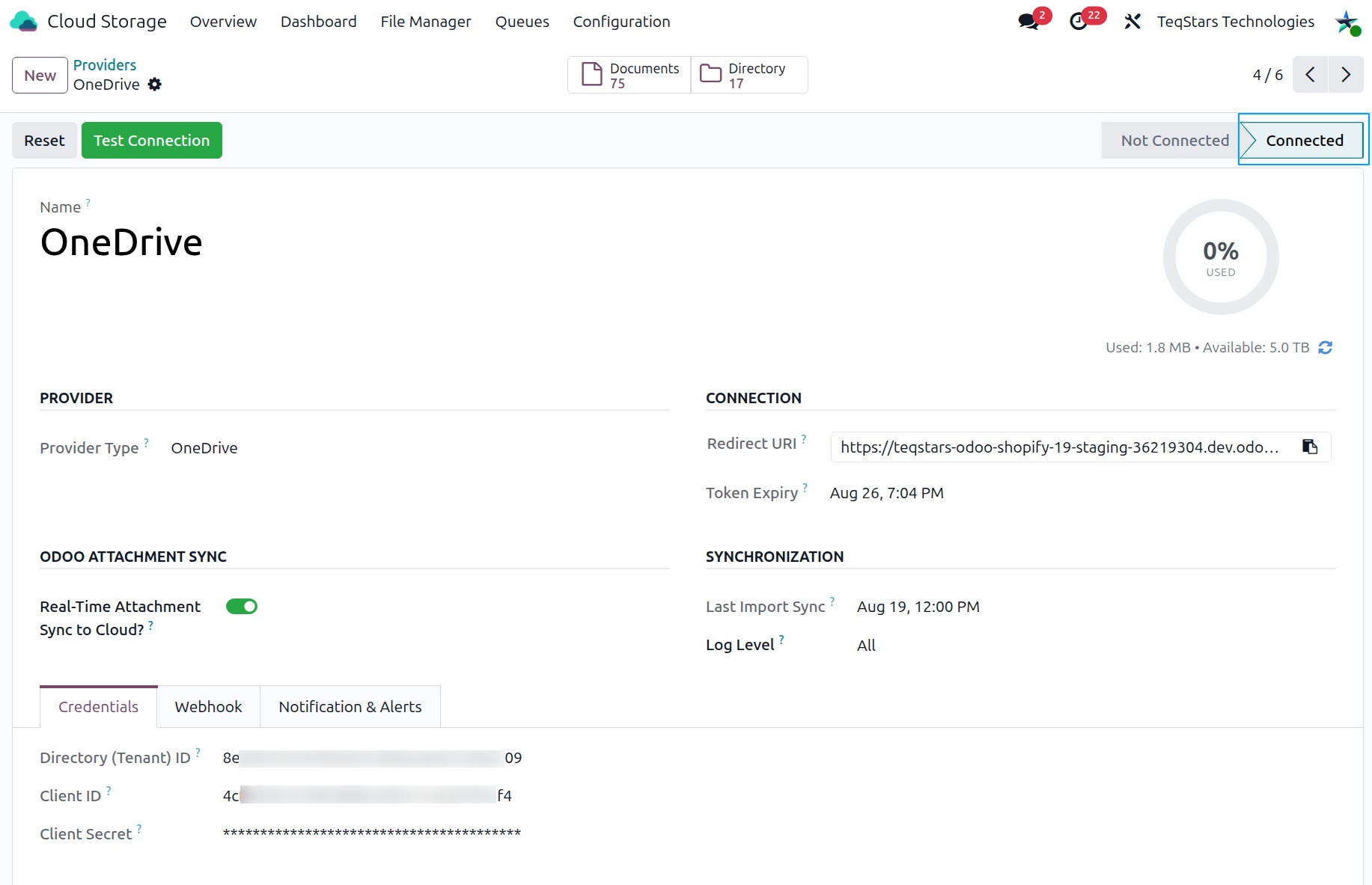 Connected OneDrive provider in Odoo showing the storage gauge
