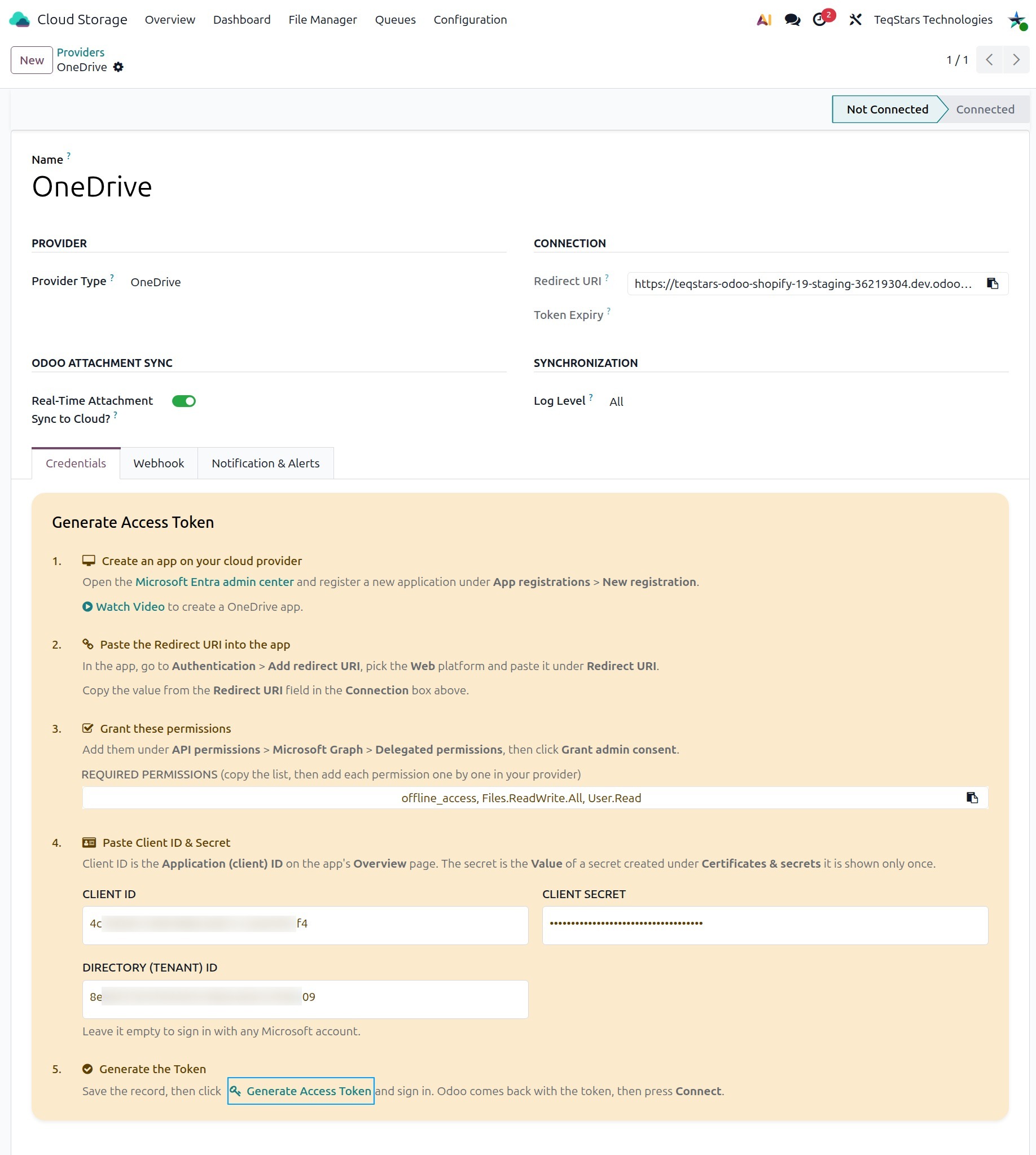 Generate Access Token on the Credentials tab of the OneDrive provider