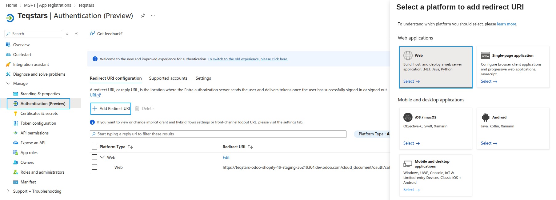 Adding a Web platform redirect URI in the Microsoft Entra app registration