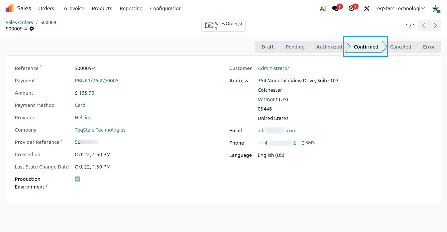 a Helcim payment transaction in the Odoo backend