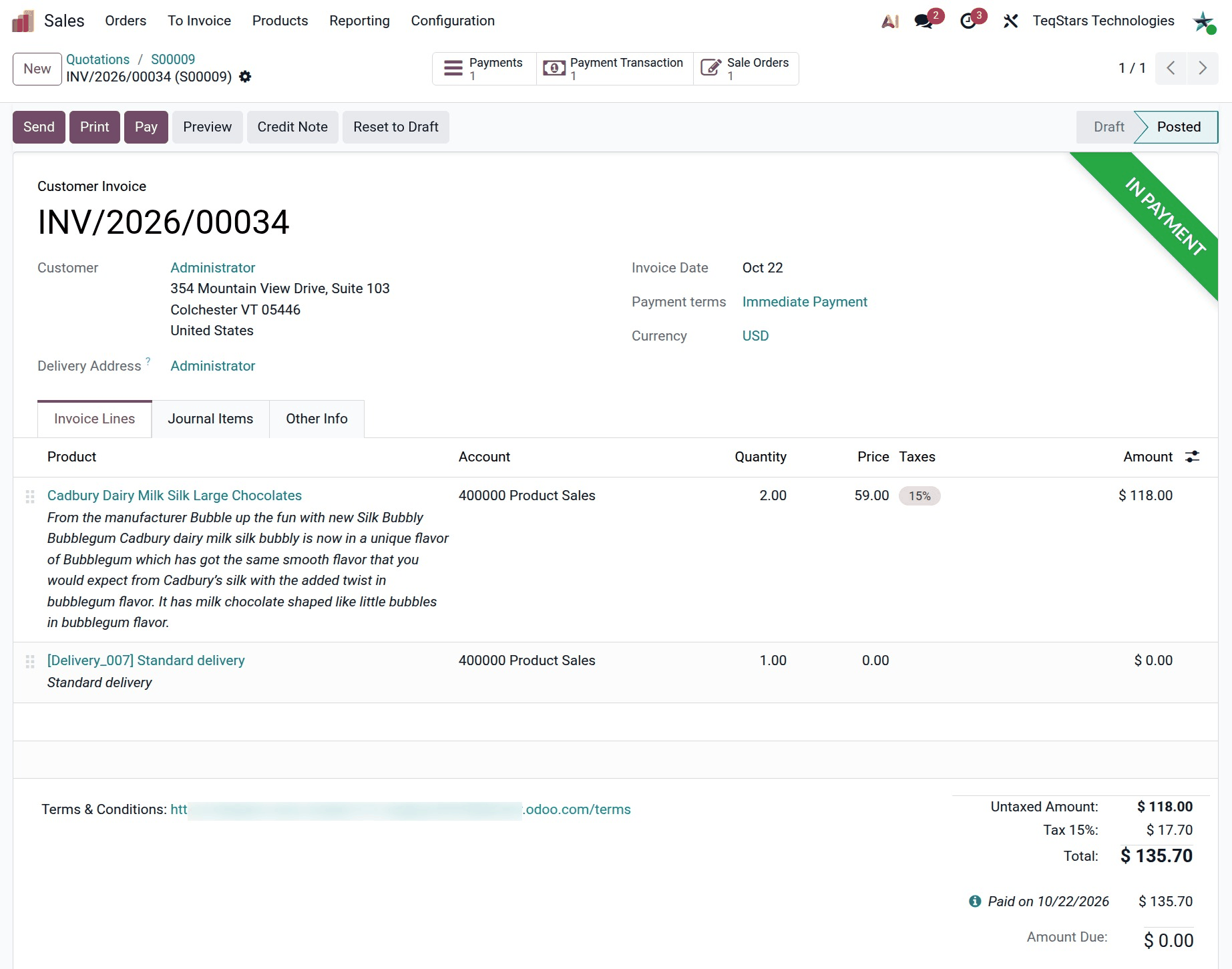 an invoice in Odoo after a Helcim card payment