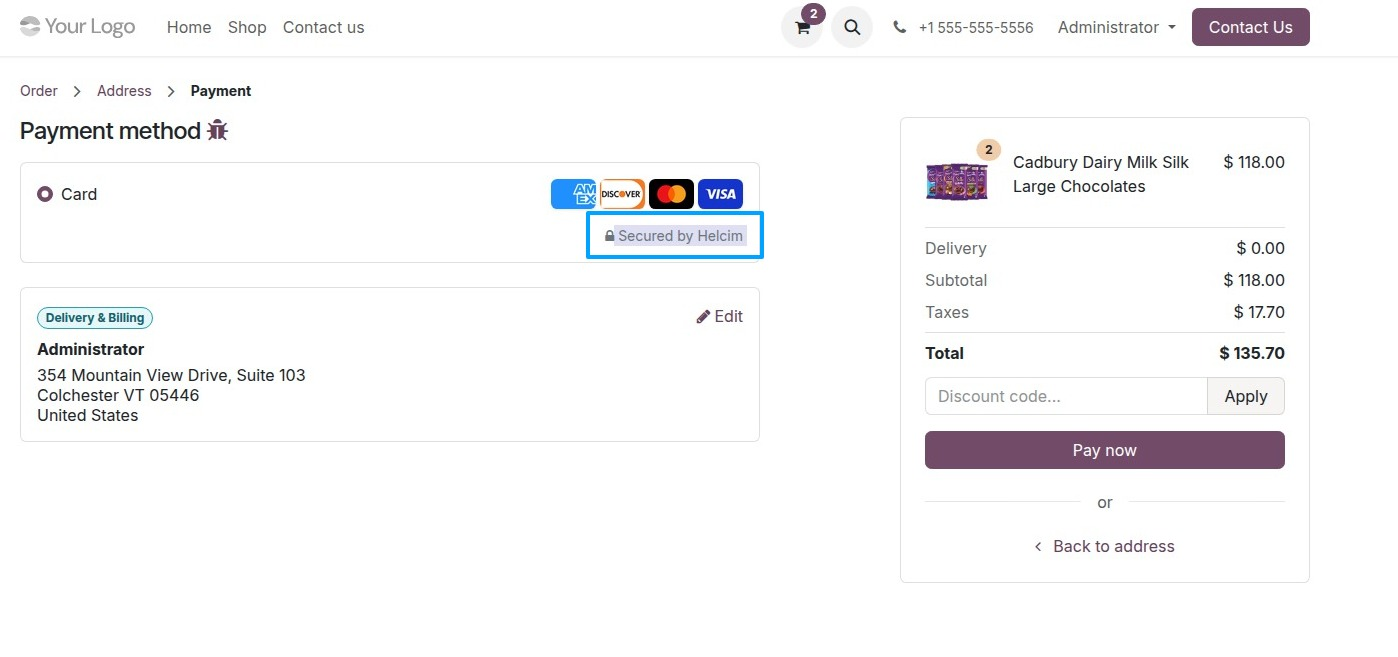 the payment step with the Helcim option selected