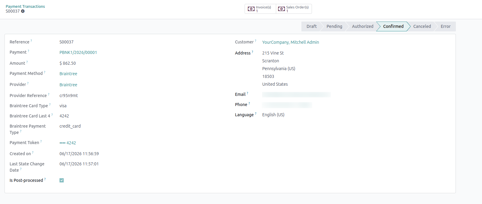 Odoo Confirmed Payment Transaction