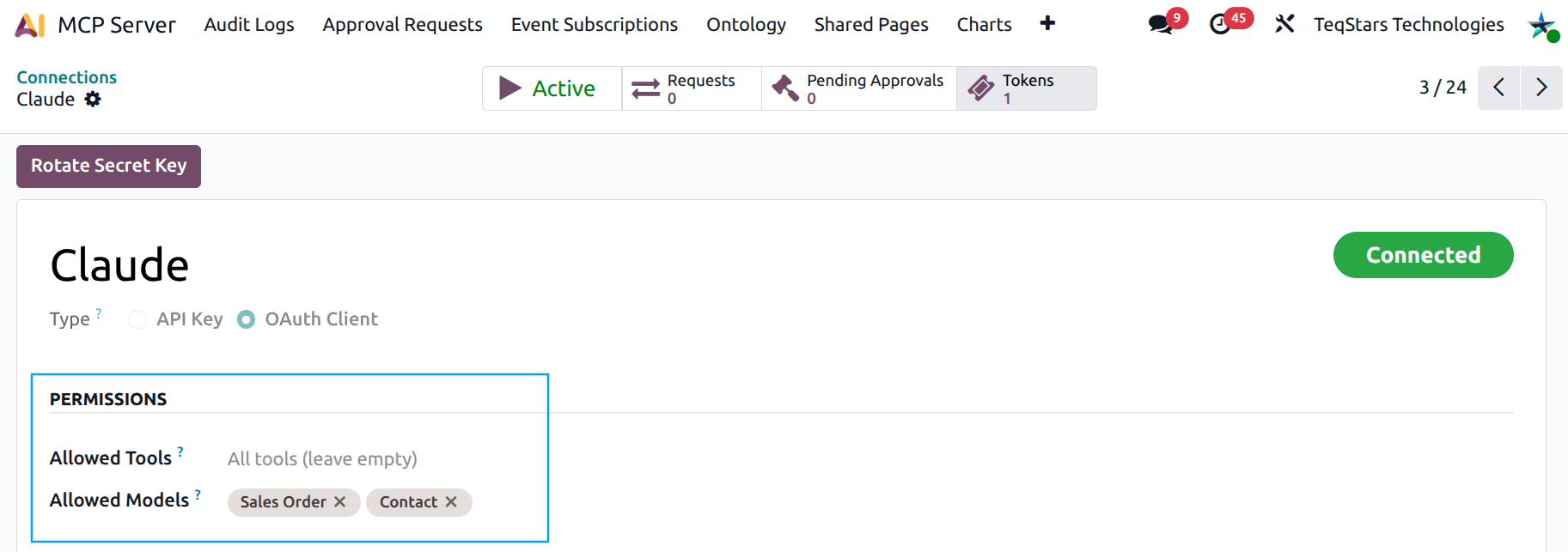 Permissions section with multiple tag chips in Allowed Tools and Allowed Models