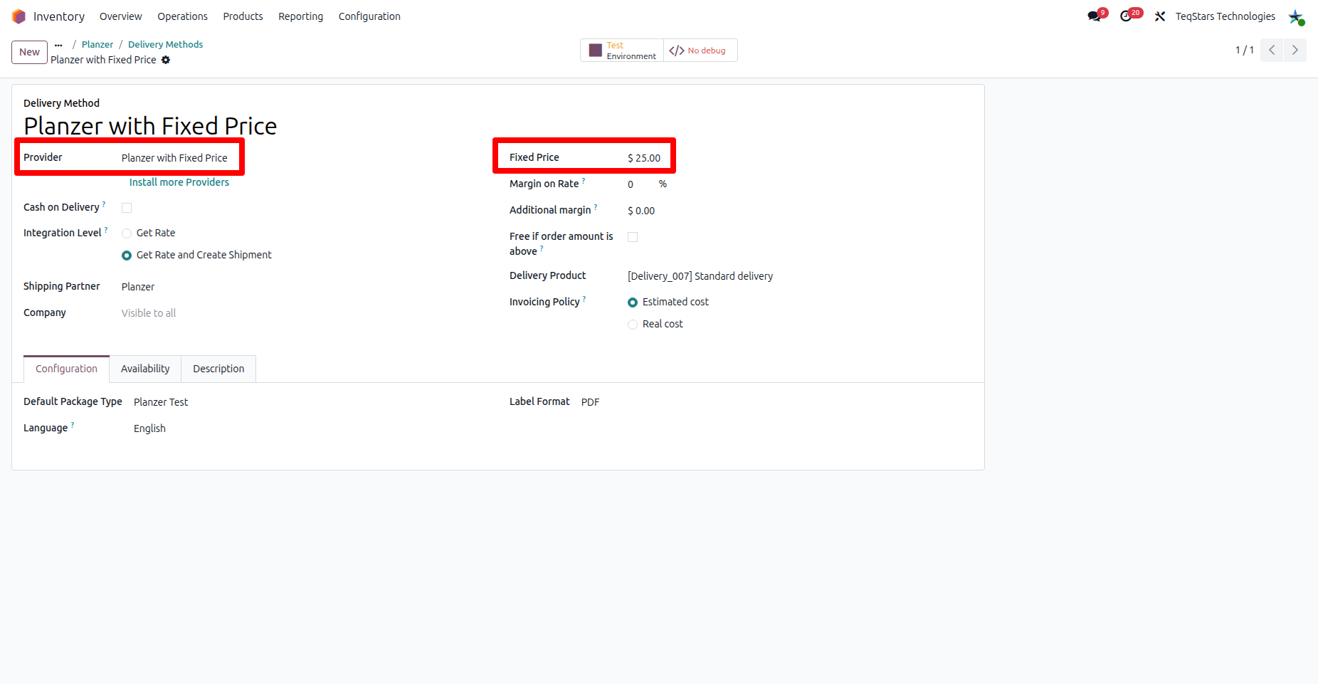 Configuring the Planzer Delivery Method with Fixed Price.