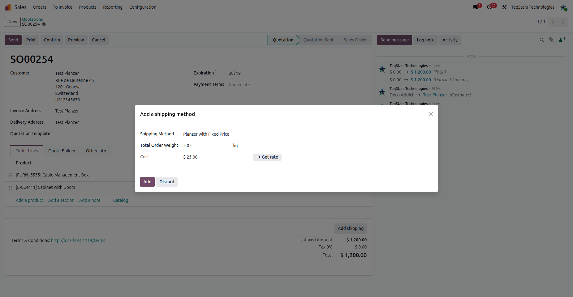 Get rate by selecting Planzer Fixed Price Delivery Method on Sale Order.