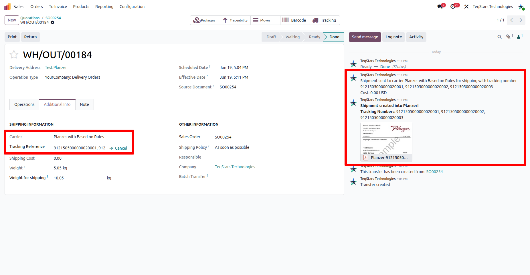 Tracking number and shipping Labels in delivery order.