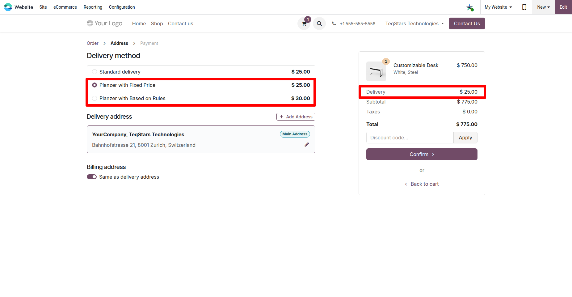 Website Order Using Planzer Delivery Method.