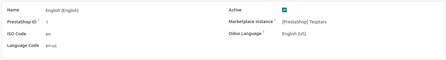 a PrestaShop language form showing ISO Code, Language Code and Odoo Language