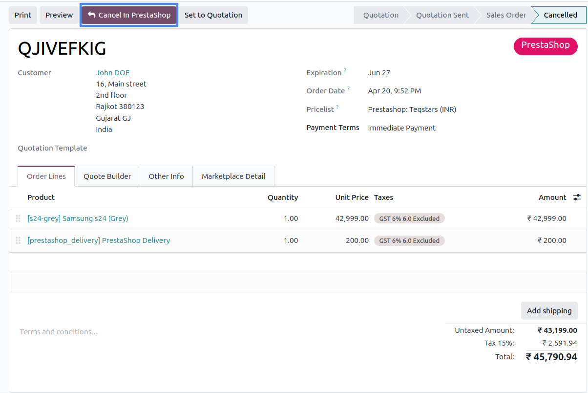 Cancel order in PrestaShop