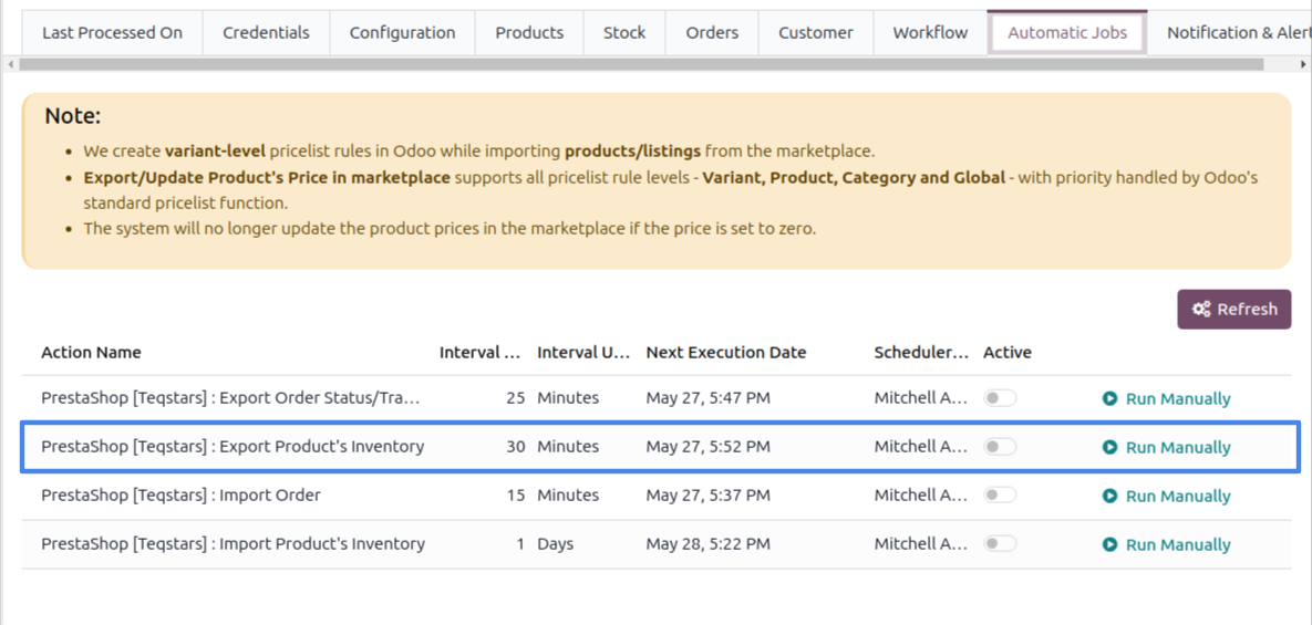 Export Inventory Schedule Action