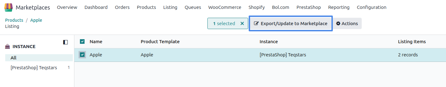 Export/Update Listing in Marketplace action