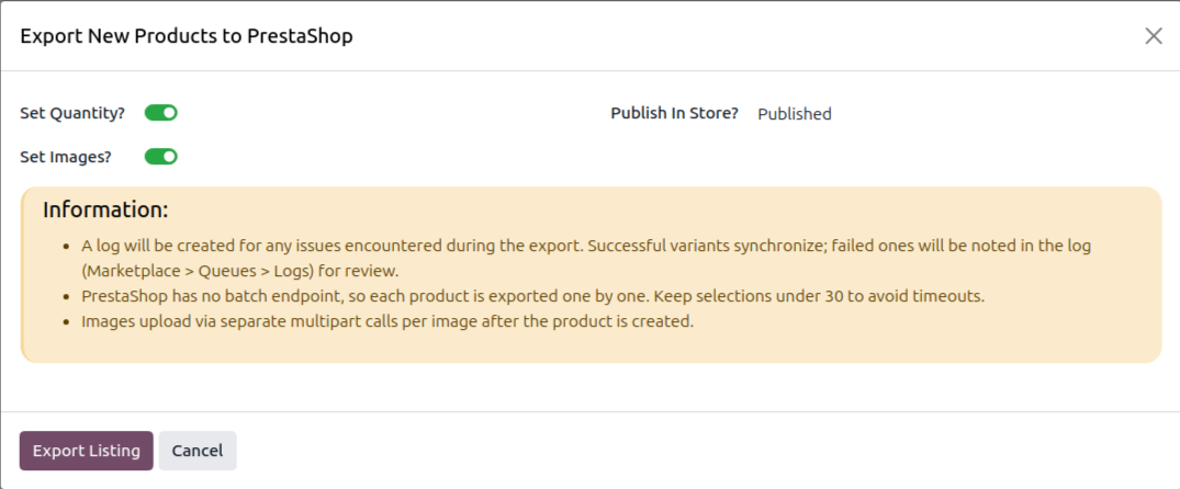 Export Listing Options