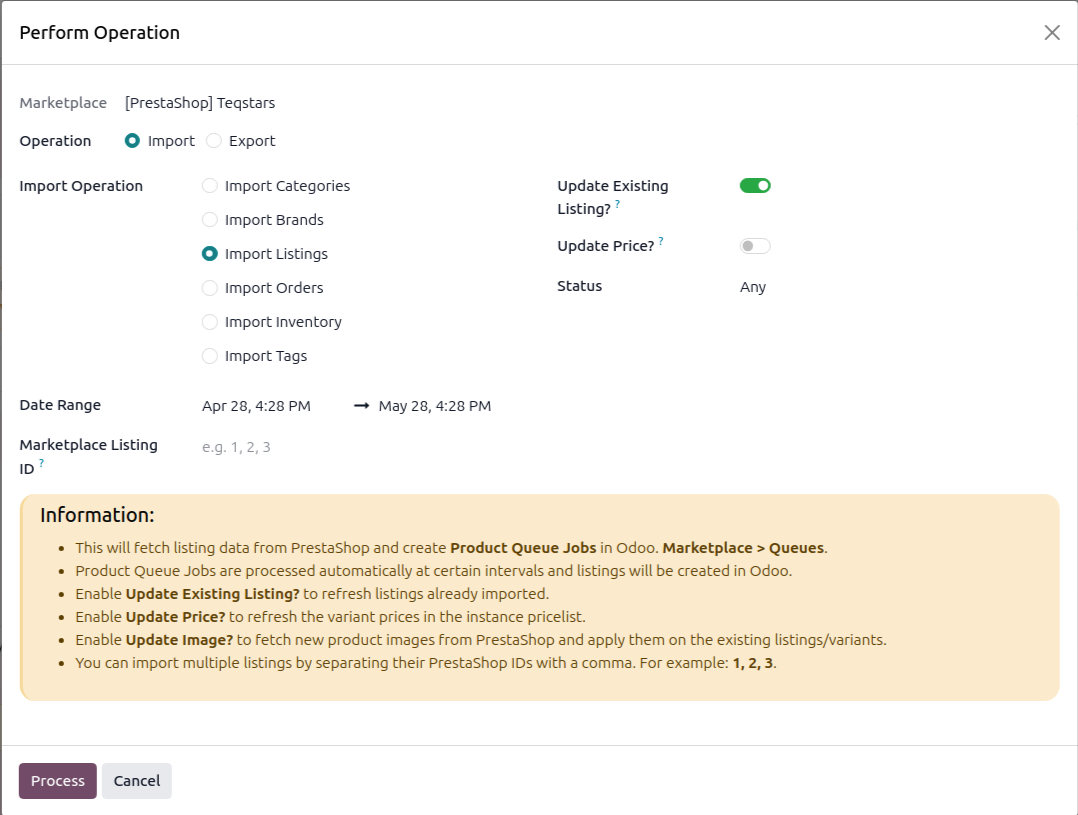 Listing import screen