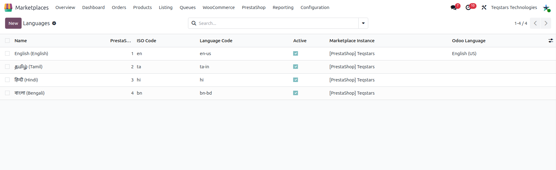 the PrestaShop Languages list with ISO codes and matched Odoo languages