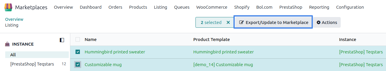 Export/Update Listing in Marketplace action