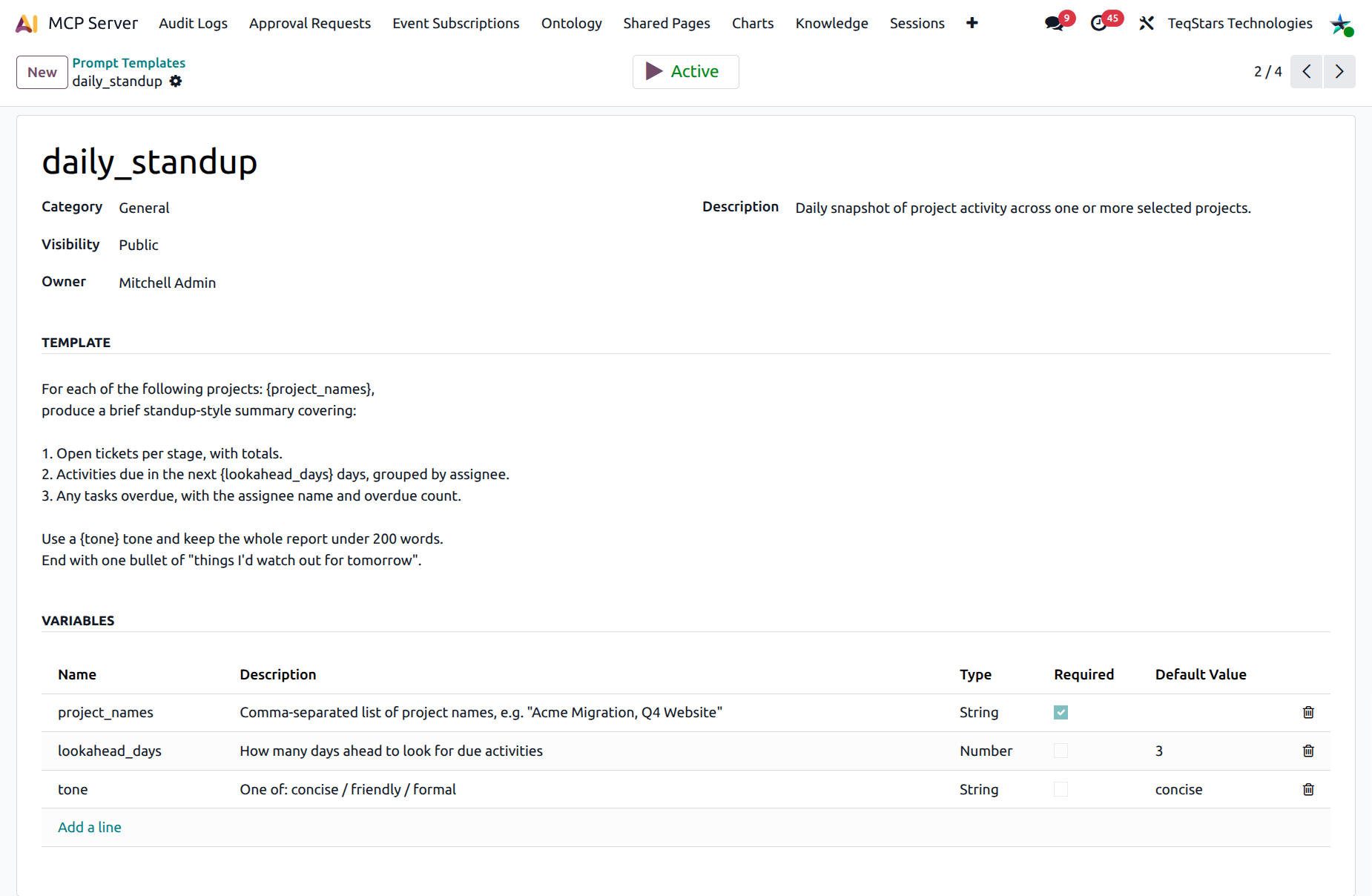 Prompt Template form for a "daily_standup" template showing the template body with two placeholders and a Variables table at the bottom