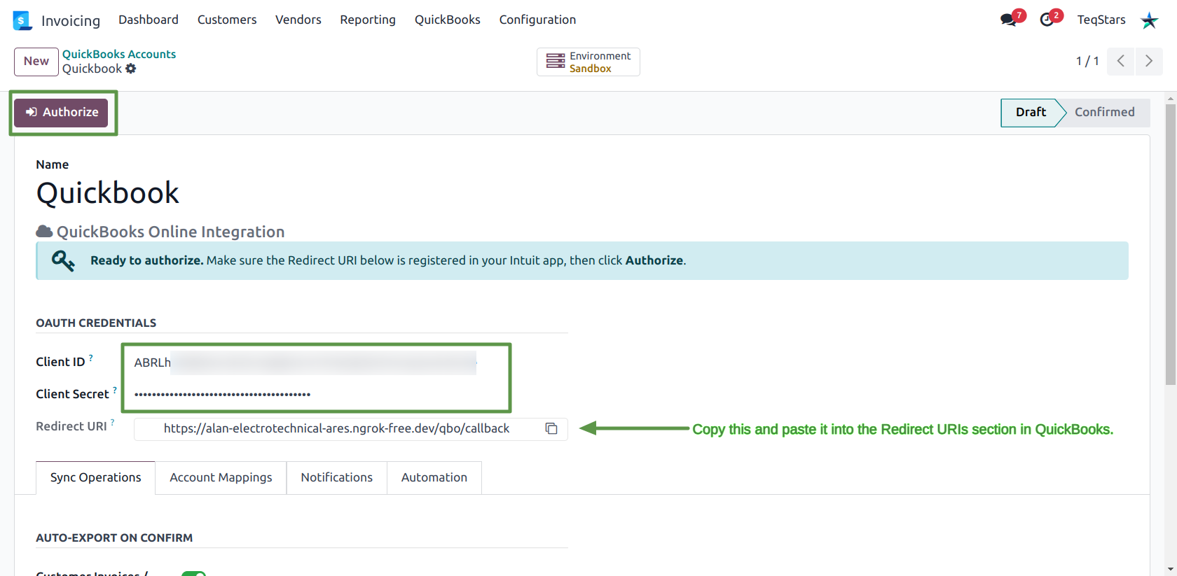 QuickBooks connection form in Draft with Client ID, Client Secret and Redirect URI