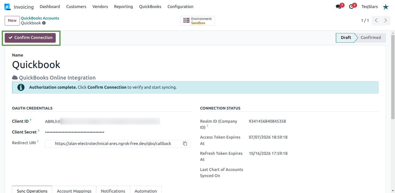 Authorization complete banner with the Confirm Connection button