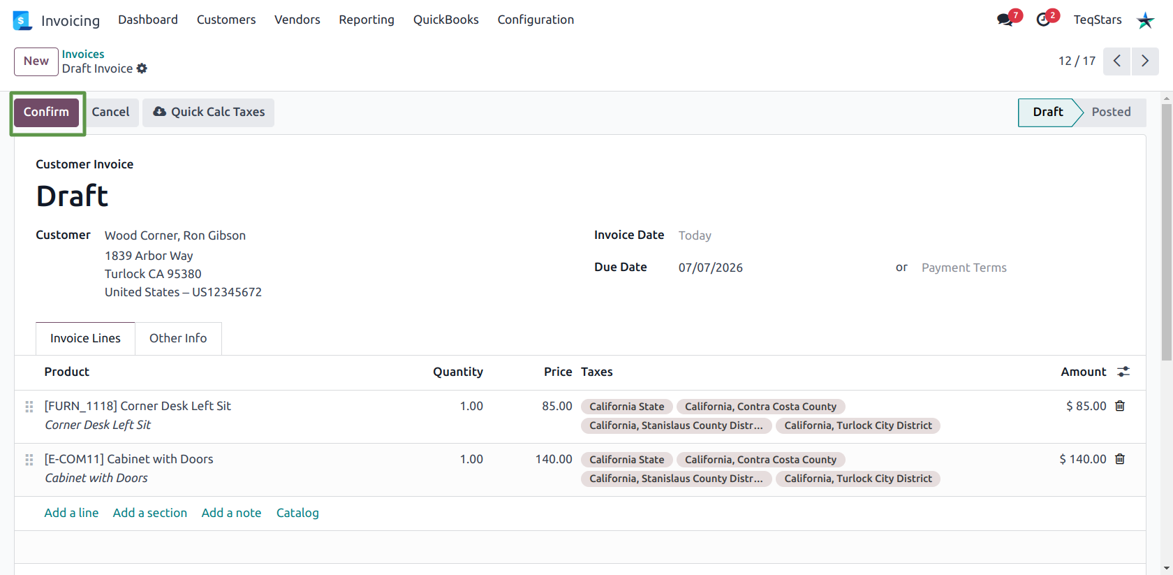 Confirm a draft customer invoice in Odoo