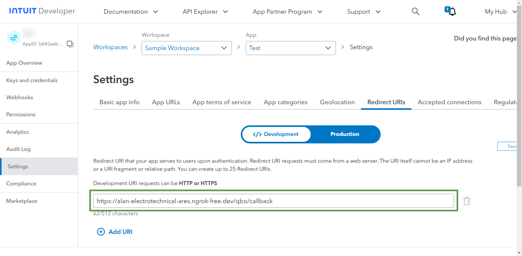 Register the Odoo callback URL in the Intuit app Redirect URIs settings