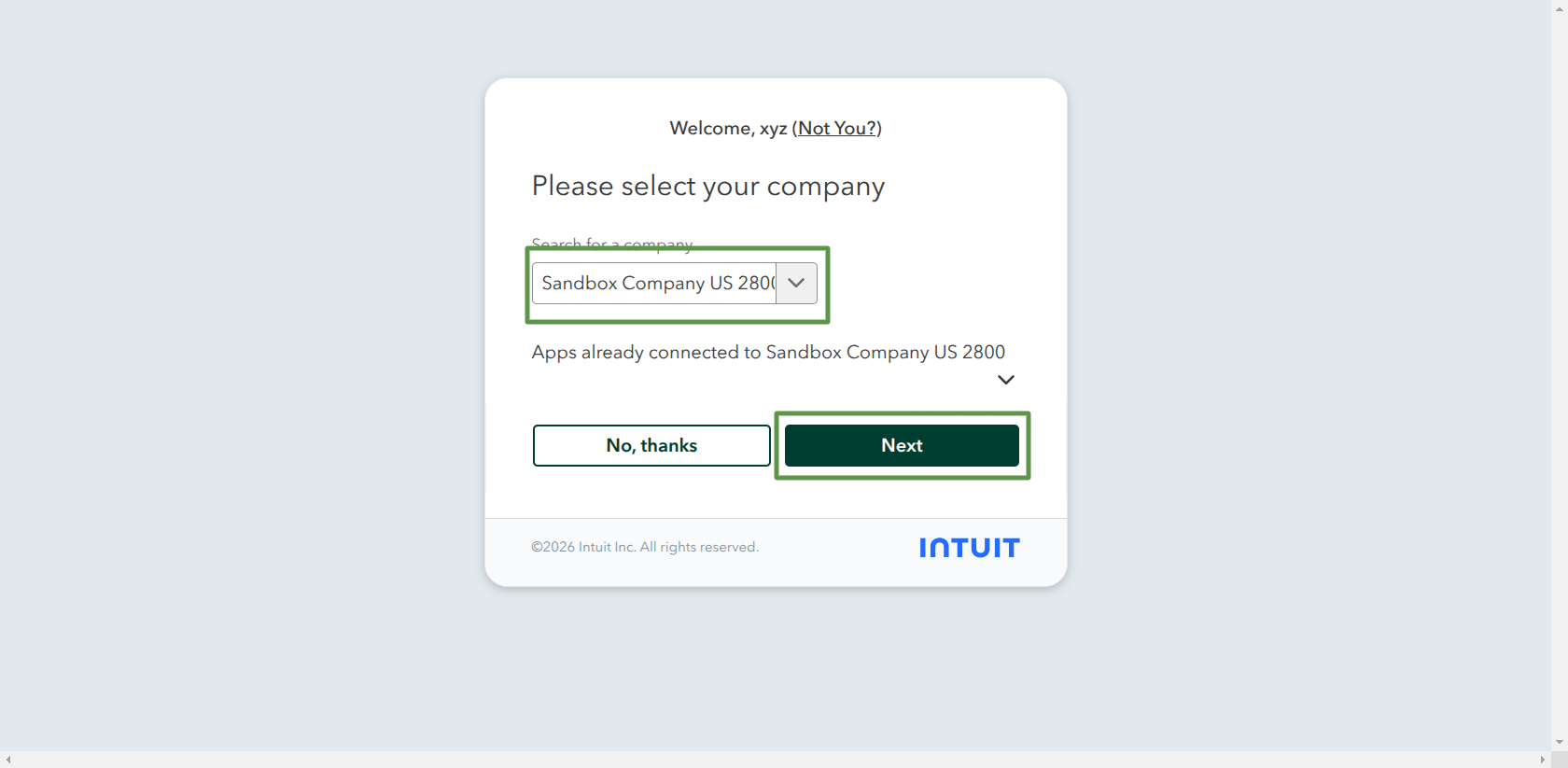 Intuit consent screen asking which QuickBooks company to connect