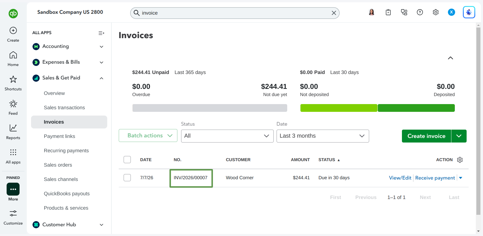 The exported invoice listed in QuickBooks Online with the Odoo document number