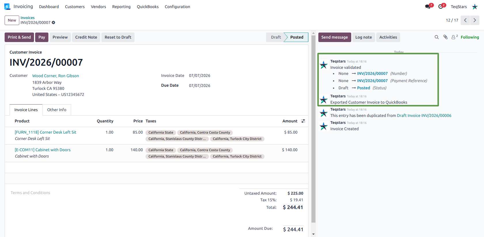 Posted invoice with the Exported Customer Invoice to QuickBooks chatter message