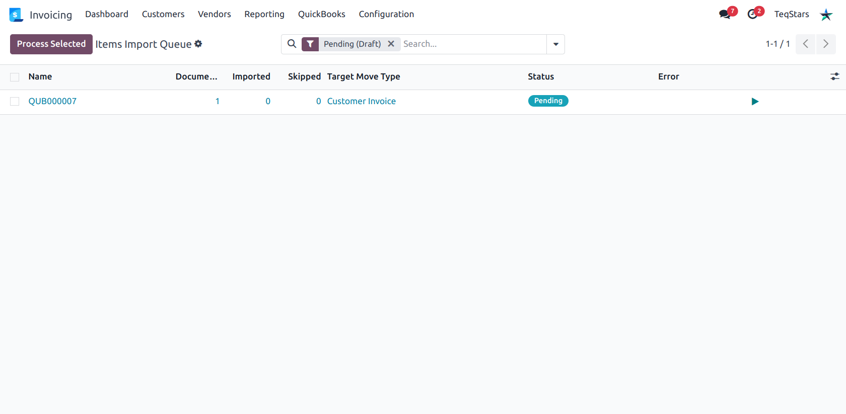 Items Import Queue filtered on pending rows, showing one queued customer invoice